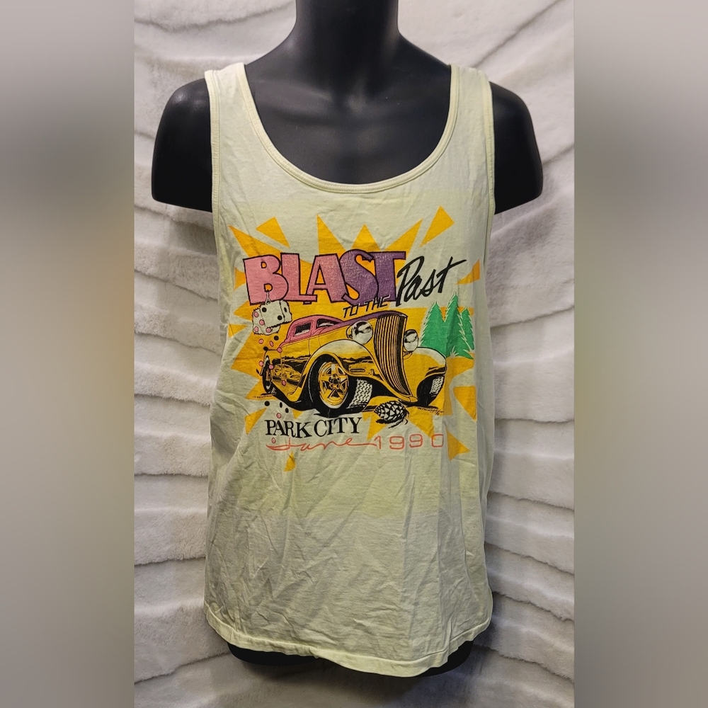 VTG 1990 Park City Blast Yellow Tank Top Print Street Hot Rod Unisex Men XXL